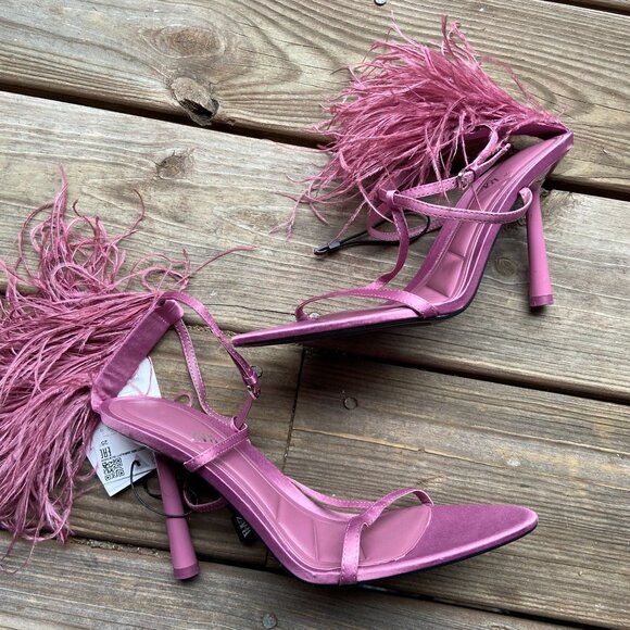 ZARA Mauve Pink Satin Feather Embellished High Stiletto Heel Strappy Sandals 40 - Picture 7 of 11